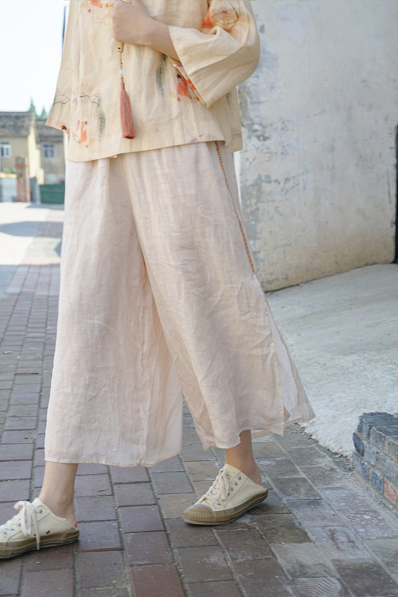 Double Layered Ramie Pants with Floral Lace in Beige