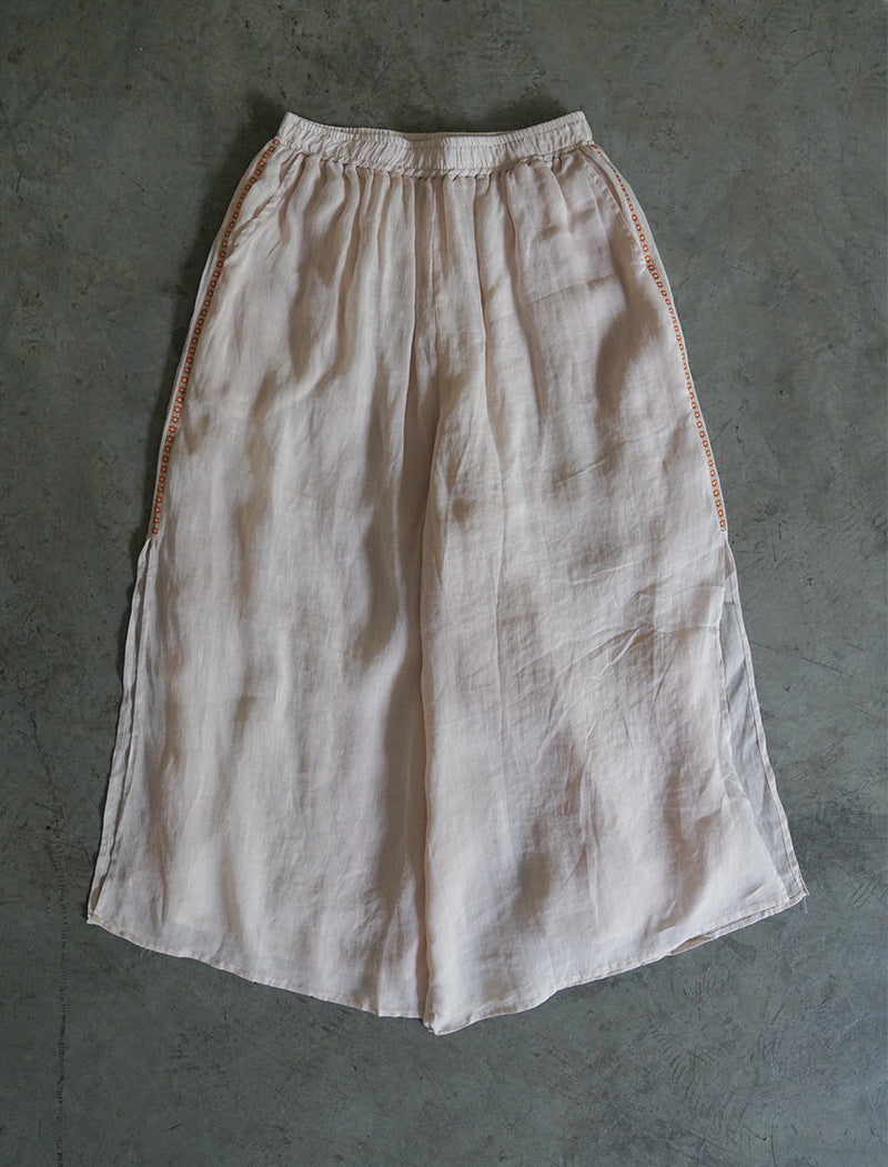 Double Layered Ramie Pants with Floral Lace in Beige