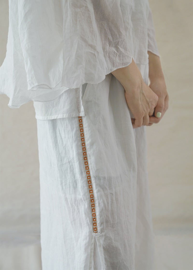 Double Layered Ramie Pants with Floral Lace in White