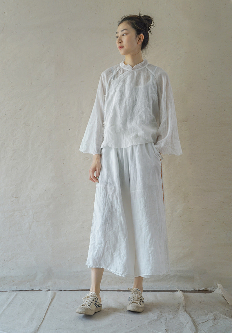 Double Layered Ramie Pants with Floral Lace in White