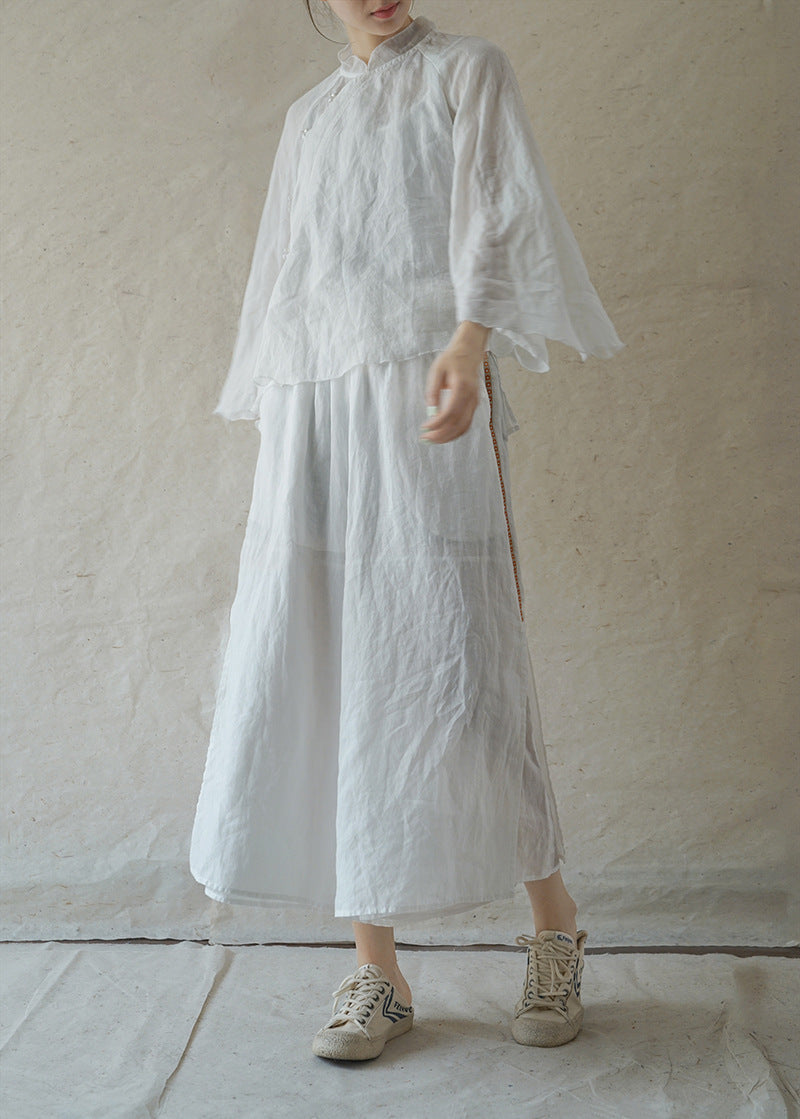 Double Layered Ramie Pants with Floral Lace in White