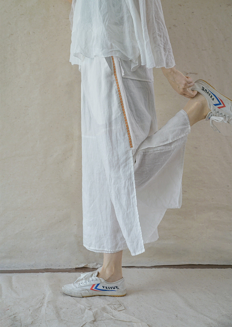 Double Layered Ramie Pants with Floral Lace in White