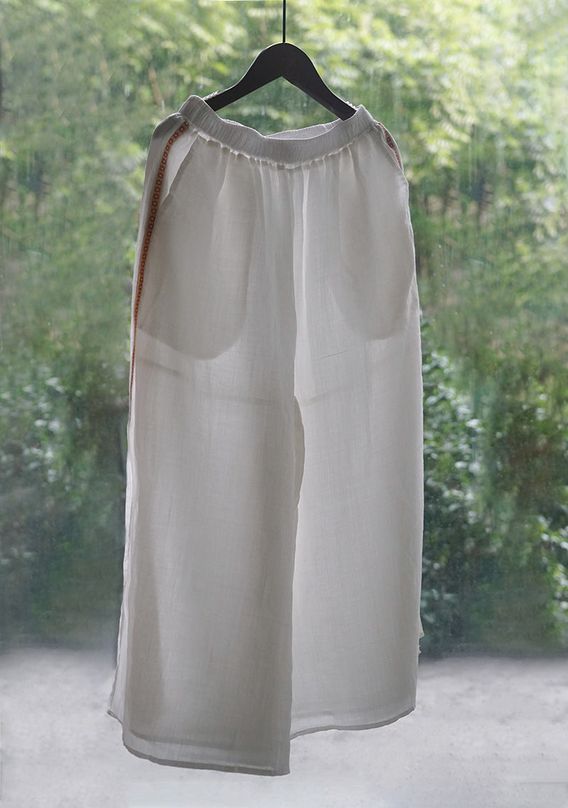 Double Layered Ramie Pants with Floral Lace in White