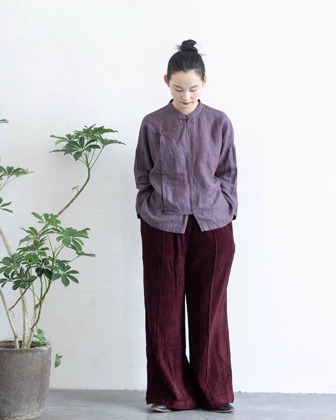 Spun Dyed Yarn Linen Cheongsam Samfoo  Top in Purple