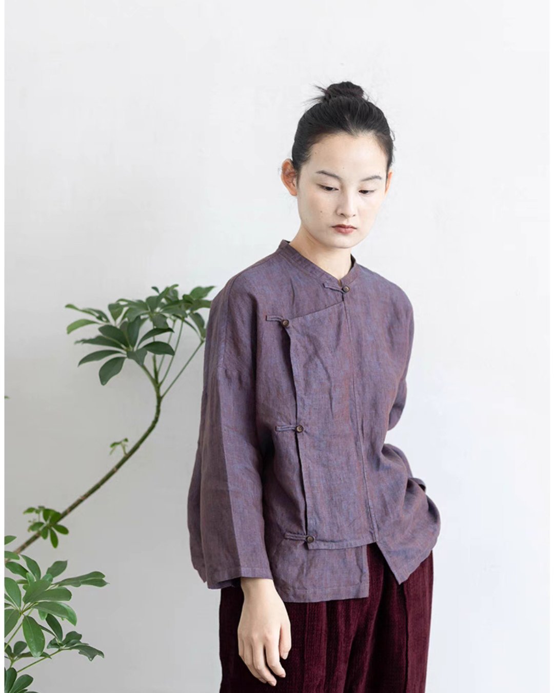 Spun Dyed Yarn Linen Cheongsam Samfoo  Top in Purple