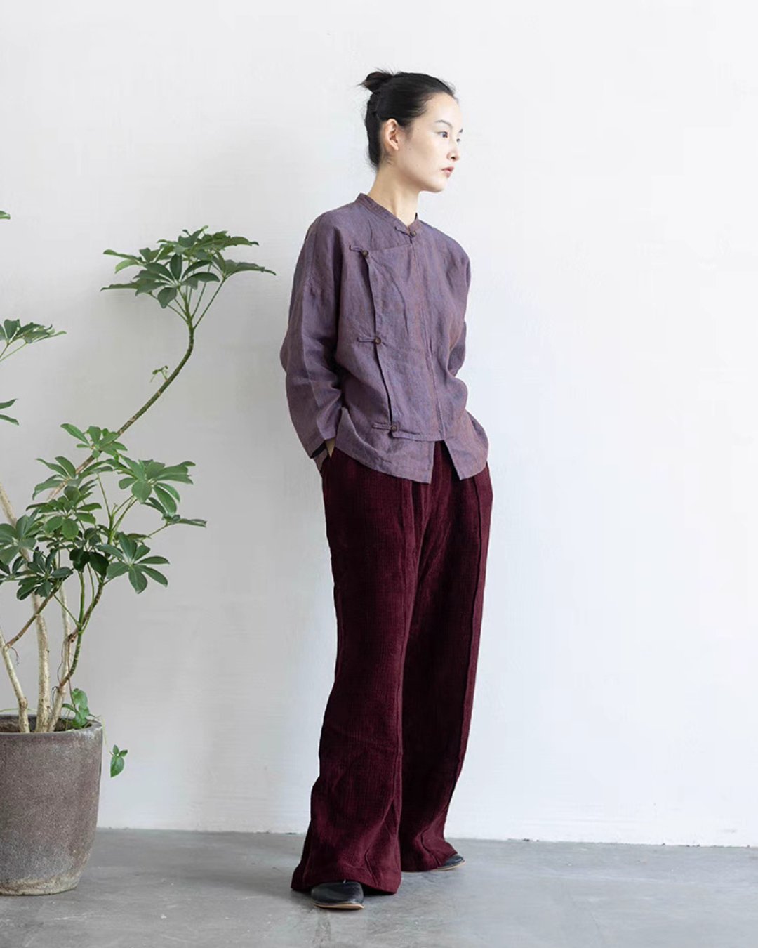 Spun Dyed Yarn Linen Cheongsam Samfoo  Top in Purple