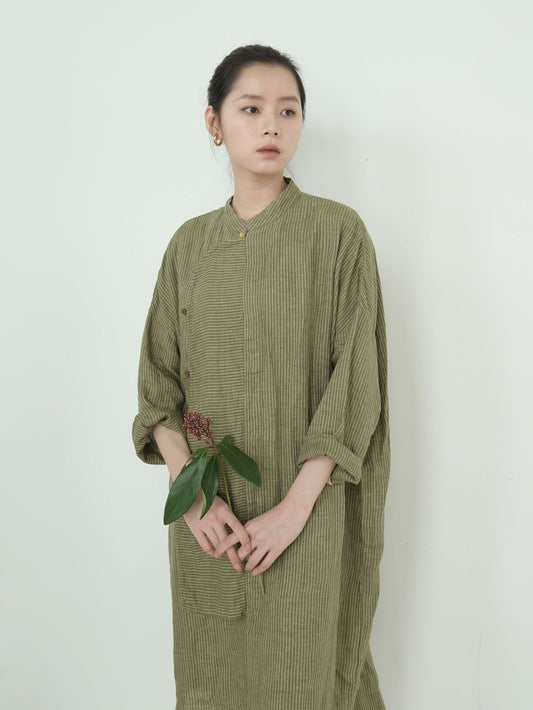 Stripe Linen Cheongsam Dress in Olive
