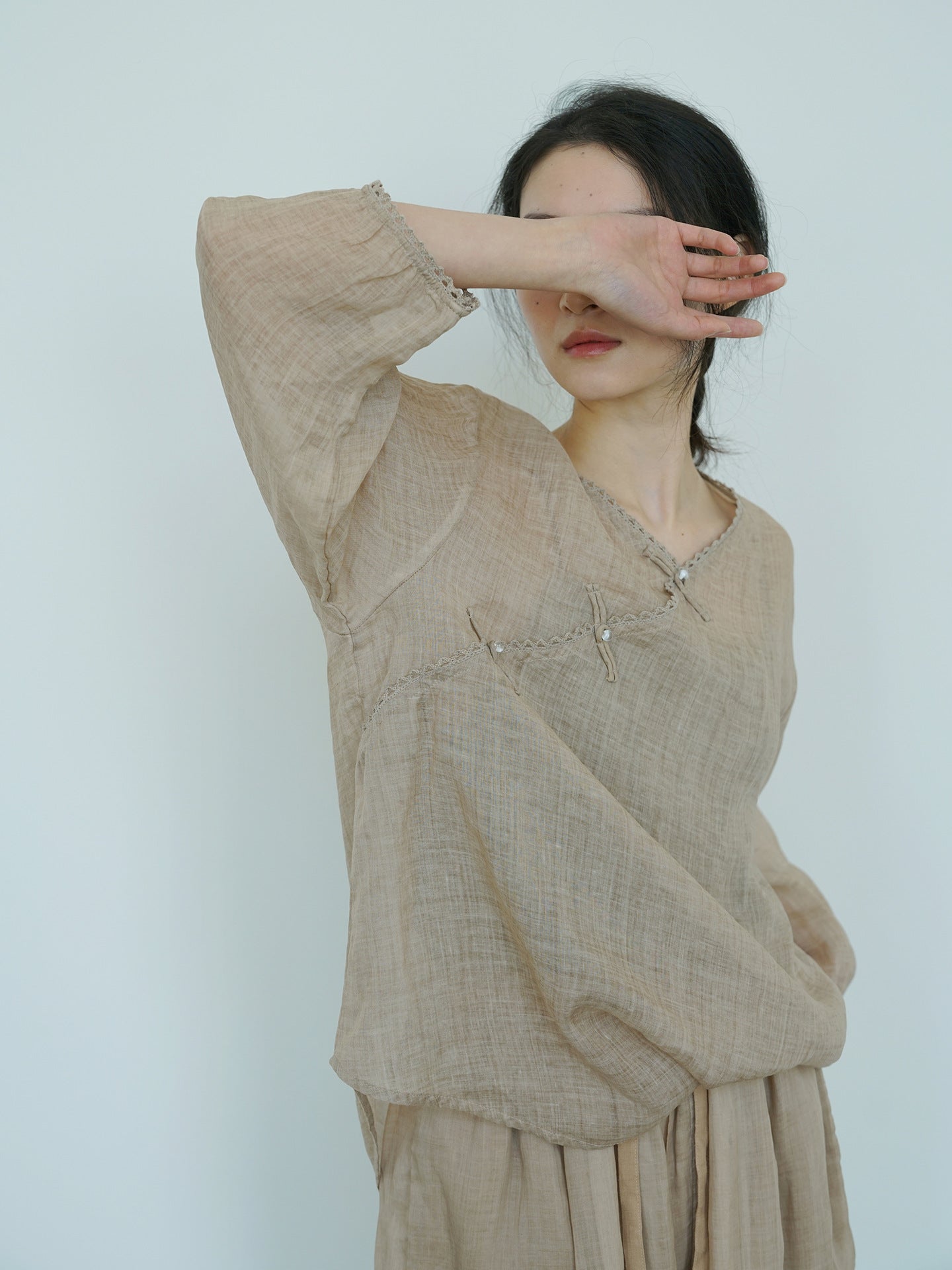 V-neck Ramie Cheongsam Qipao Top in Light Brown
