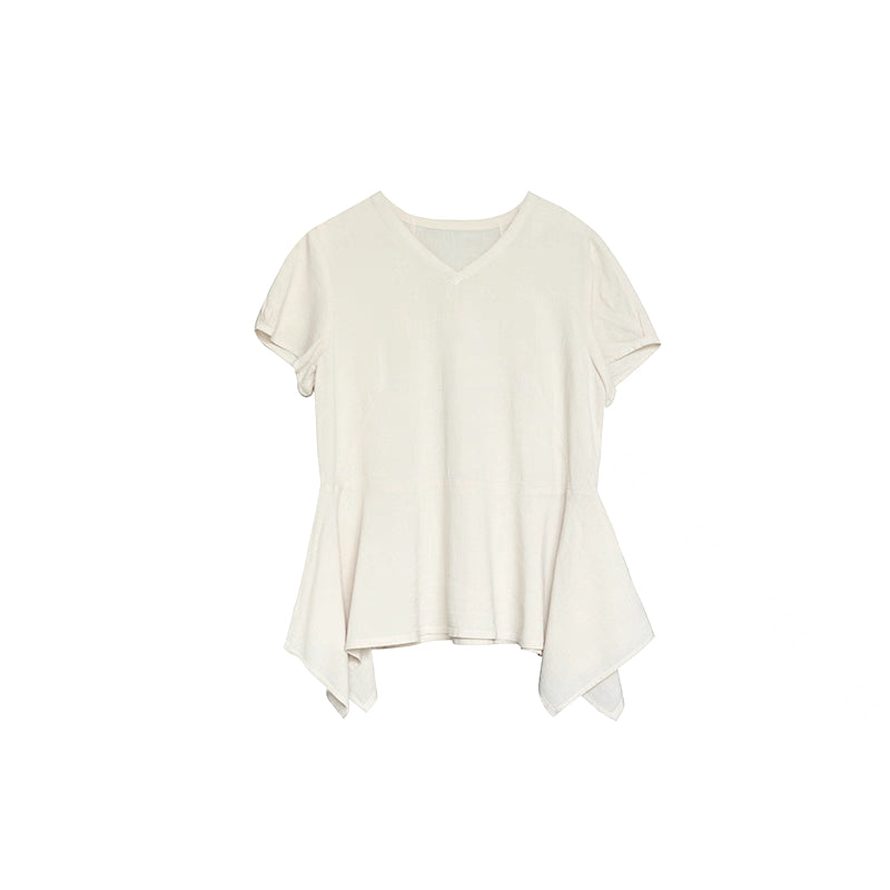 V-neck Top with Asymmetrical Hem in Beige