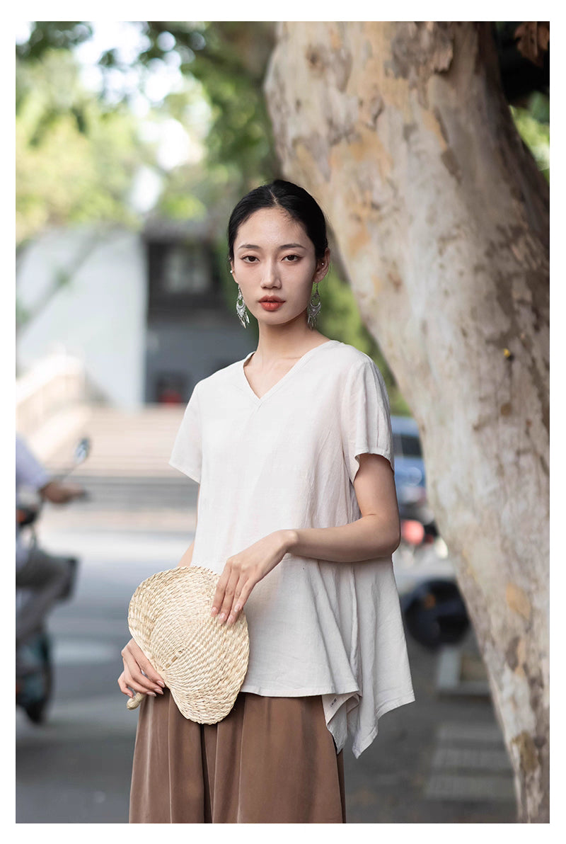 V-neck Top with Asymmetrical Hem in Beige