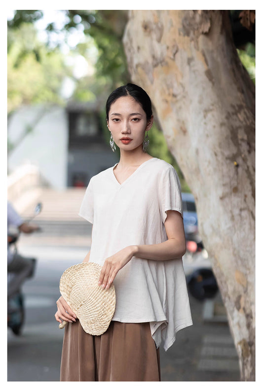 V-neck Top with Asymmetrical Hem in Beige