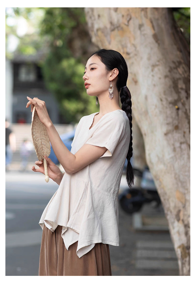 V-neck Top with Asymmetrical Hem in Beige