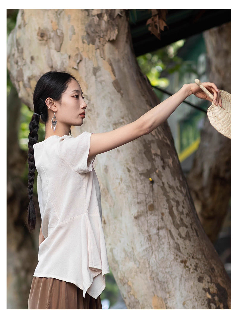 V-neck Top with Asymmetrical Hem in Beige