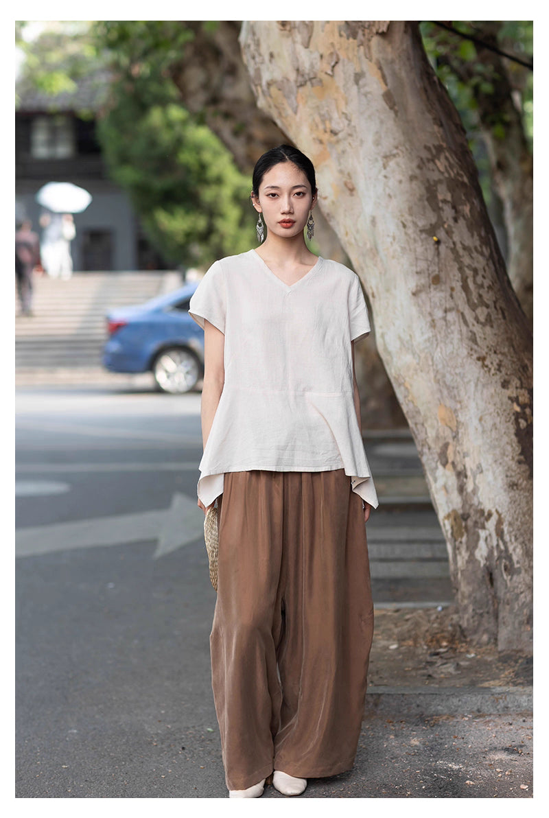 V-neck Top with Asymmetrical Hem in Beige