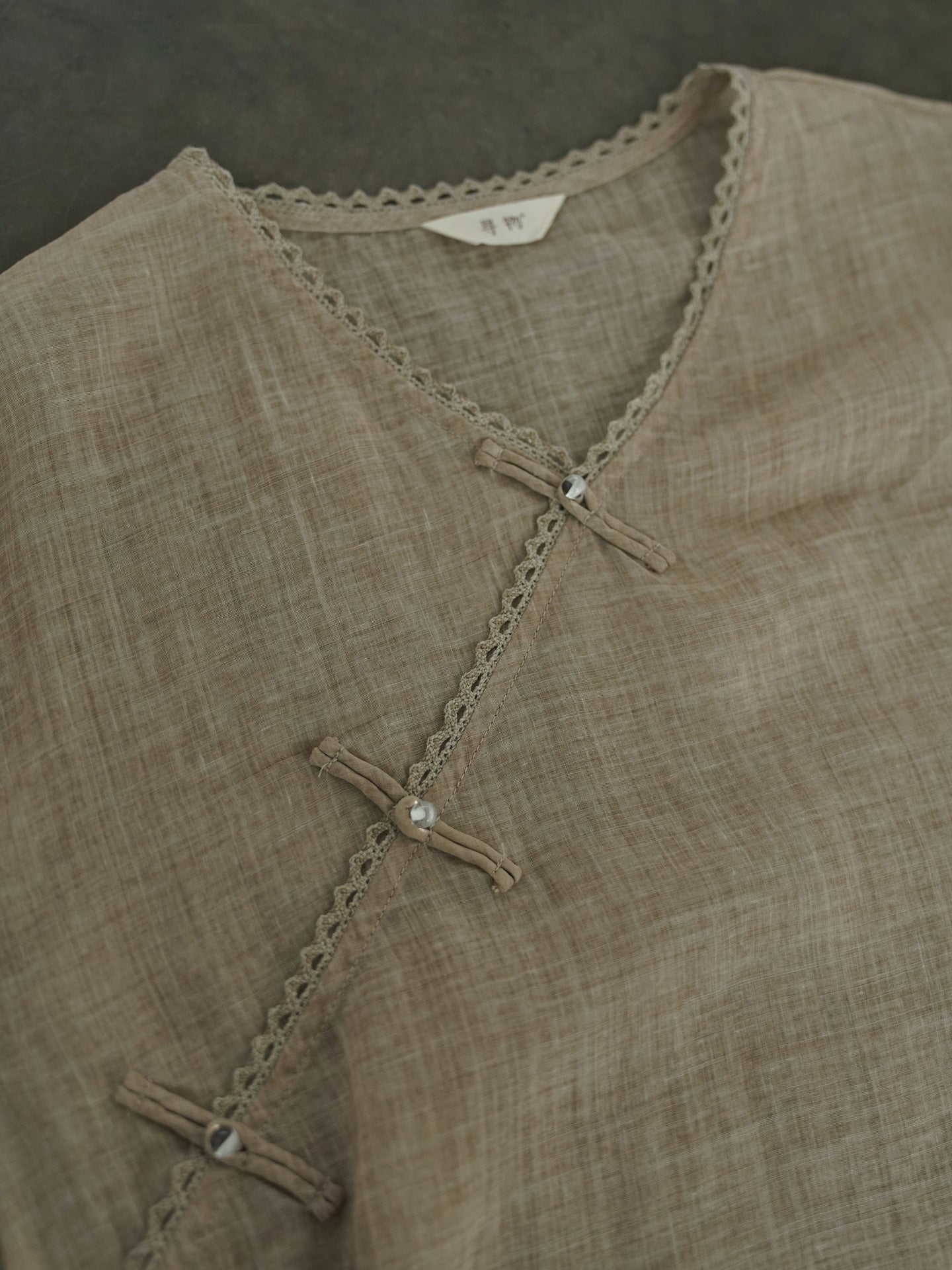 V-neck Ramie Cheongsam Qipao Top in Light Brown