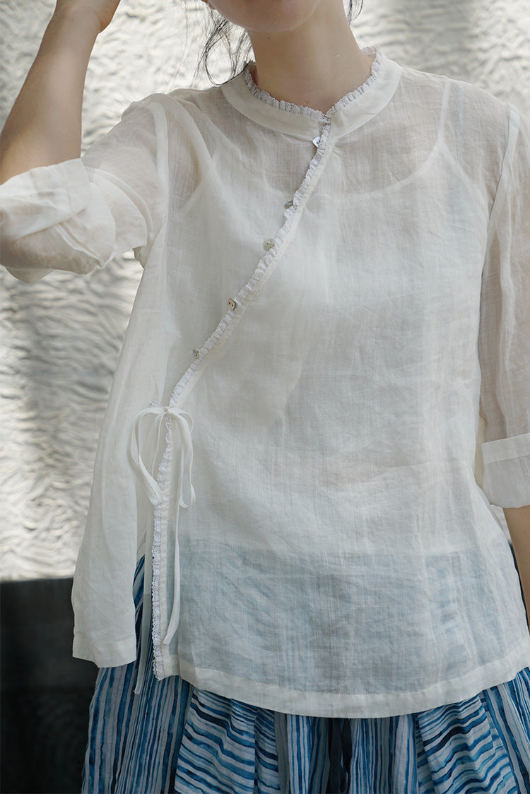 White Ramie Cheongsam Top with Lace