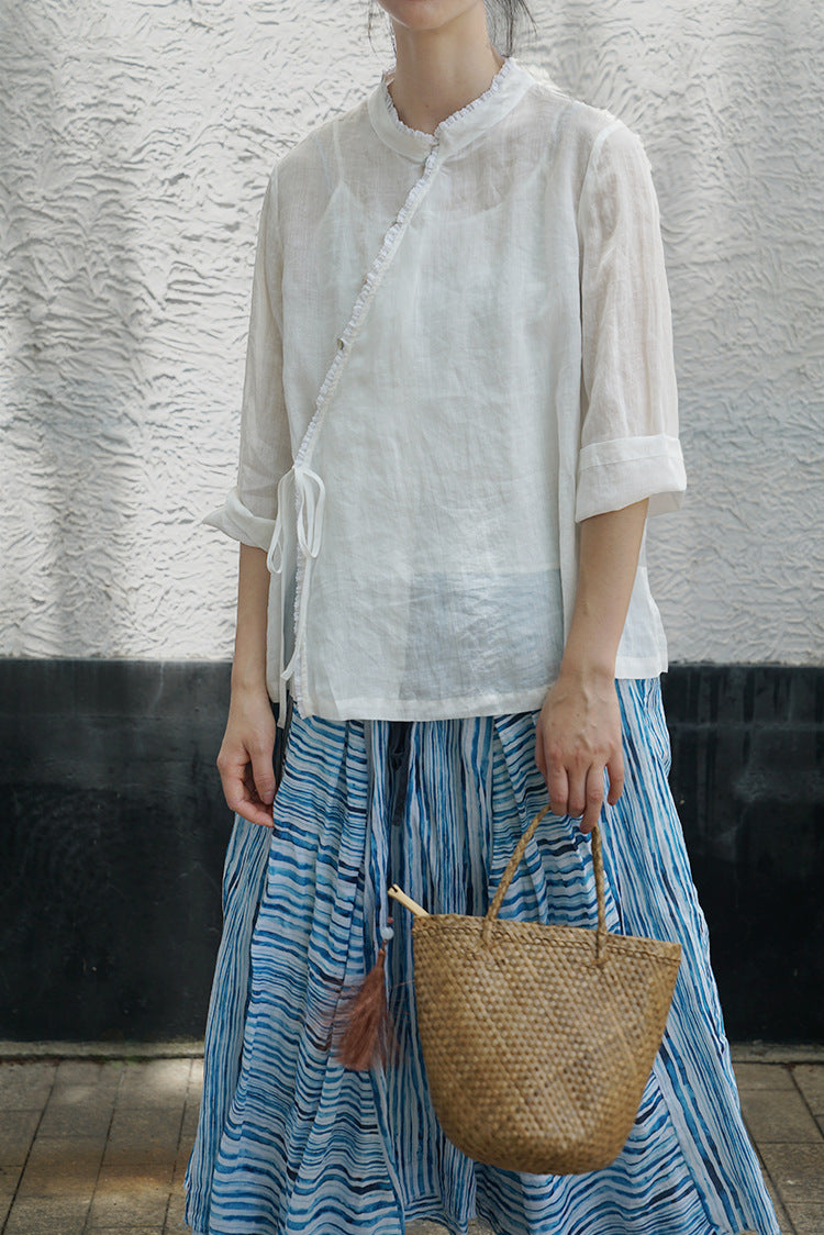 White Ramie Cheongsam Top with Lace