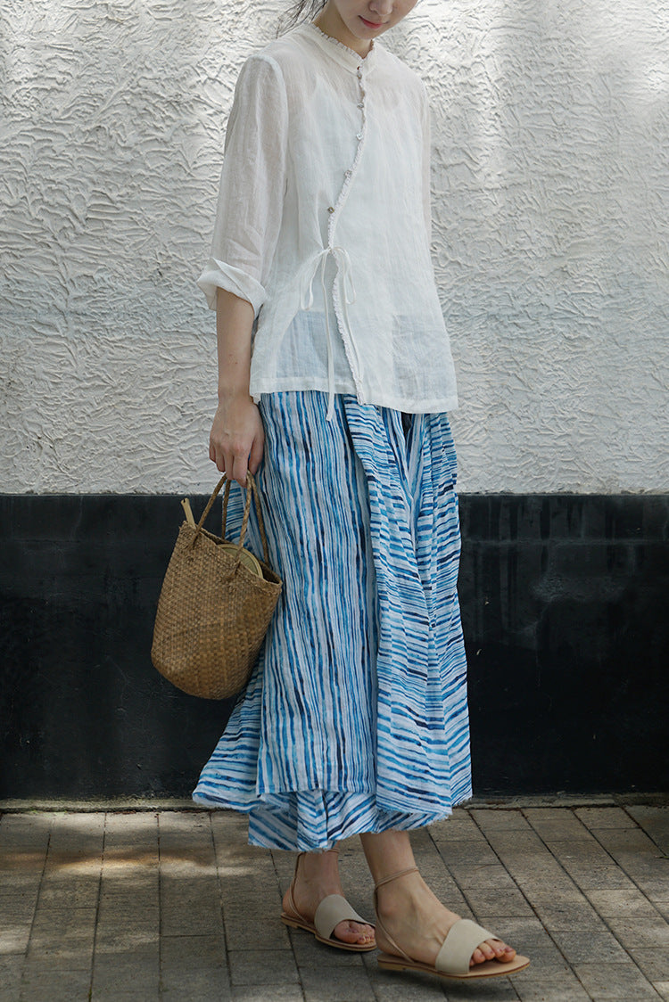 White Ramie Cheongsam Top with Lace