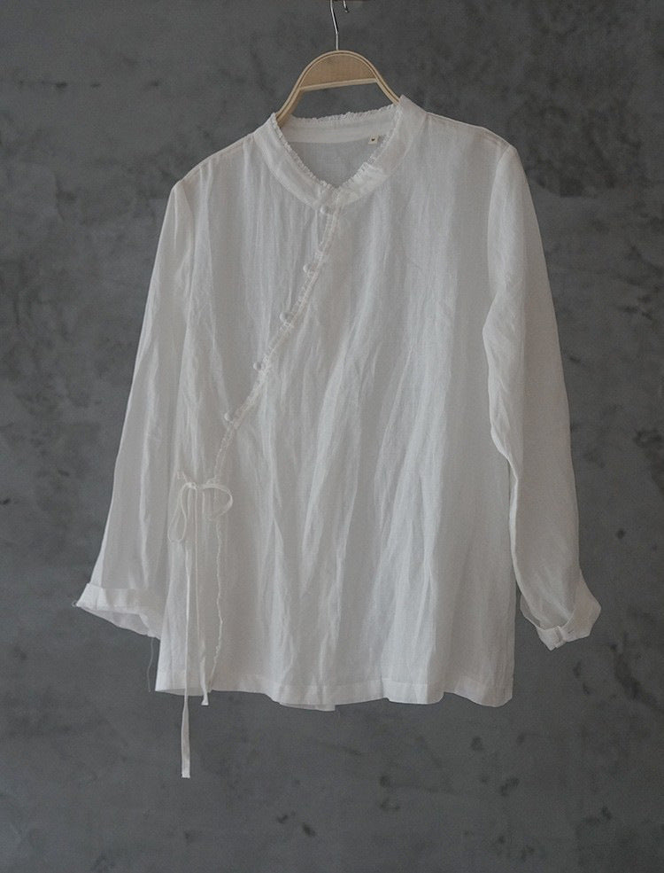 White Ramie Cheongsam Top with Lace